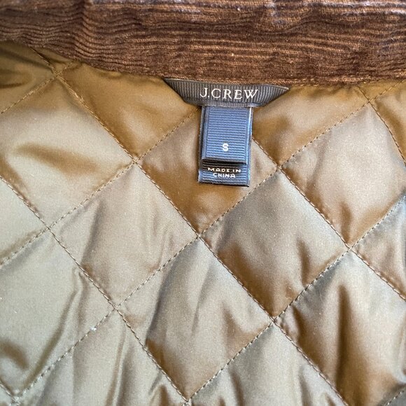 J Crew Dark Olive Green Quilted Barn Jacket with Brown Corduroy Collar Small - Picture 7 of 10